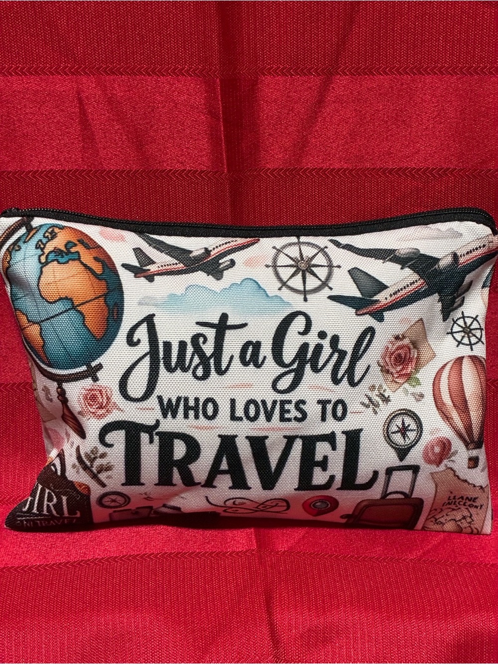 Just a Girl Who Loves to Travel Cosmetic Pouch - White Travel Print - Picture 2 of 5